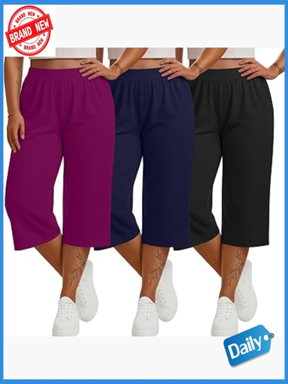Plus Size Capri Sweatpants 3 Pack Wide Leg High Waisted Yoga Pants with Pockets